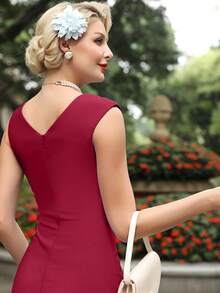 MUXXN Asymmetrical Neck Split Back Dress Without Gloves - Burgundy - View 5