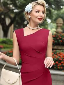 MUXXN Asymmetrical Neck Split Back Dress Without Gloves - Burgundy - View 9