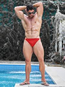 Manfinity Men Solid Cut Out Waist Swim Brief - Red - View 3