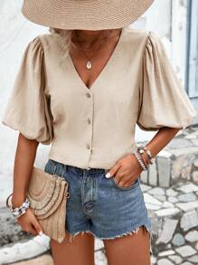 Breezaya Solid Button Front Puff Sleeve Blouse - Apricot - View 3
