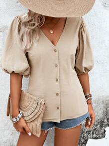 Breezaya Solid Button Front Puff Sleeve Blouse - Apricot - View 4