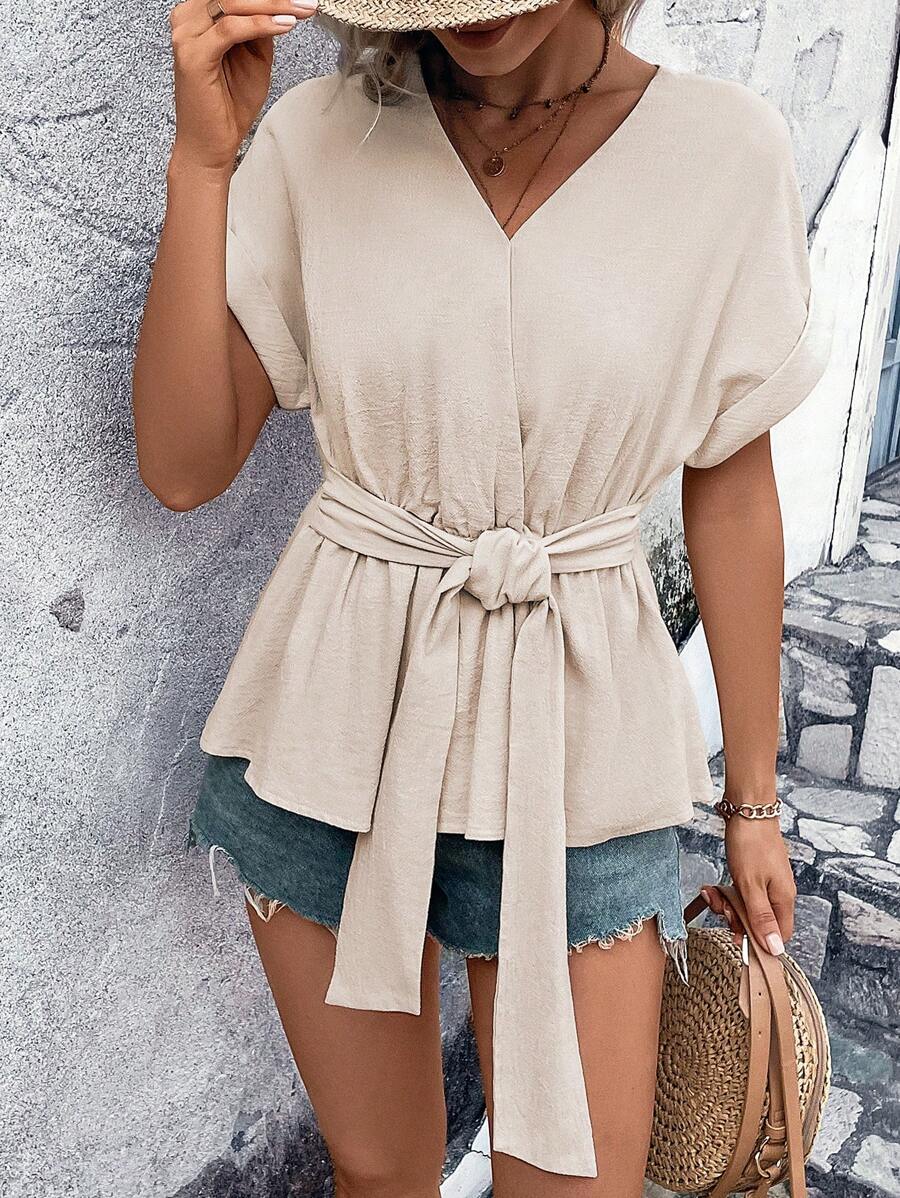SHEIN LUNE Áo sơ mi nữ Thắt lưng màu trơn Giải trí - Màu be - Xem 1