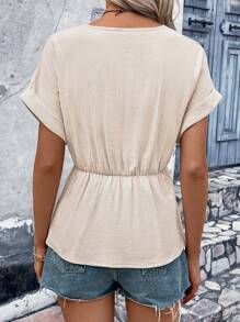 SHEIN LUNE Áo sơ mi nữ Thắt lưng màu trơn Giải trí - Màu be - Xem 2