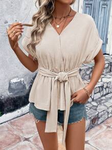 SHEIN LUNE Áo sơ mi nữ Thắt lưng màu trơn Giải trí - Màu be - Xem 4