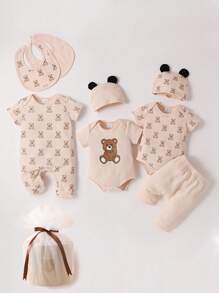 SHEIN 男嬰卡通圖案連體衣和褲子和連身褲和帽和圍兜禮品套裝