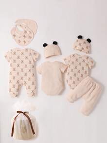 SHEIN 男嬰卡通圖案連體衣和褲子和連身褲和帽和圍兜禮品套裝