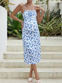 SHEIN Váy Bà bầu Thắt nơ trước Nếp gấp Phần Ngực Họa tiết hoa Boho - Xanh và trắng - Xem 5