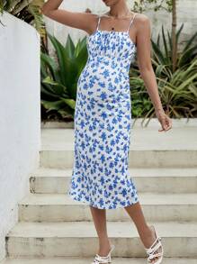 SHEIN Váy Bà bầu Thắt nơ trước Nếp gấp Phần Ngực Họa tiết hoa Boho - Xanh và trắng - Xem 6