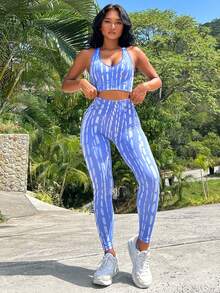 紮染後背十字交叉運動套裝 - 藍色 - 查看 3