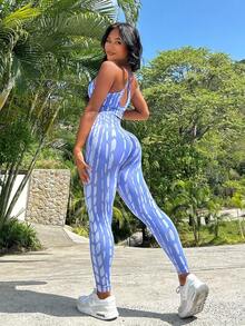 紮染後背十字交叉運動套裝 - 藍色 - 查看 5