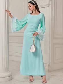 Modelyn Đầm Maxi Tay Lửng Lưới Tương Phản Có Eo Xếp Ly Cho Nữ - Màu xanh nhạt - Xem 1