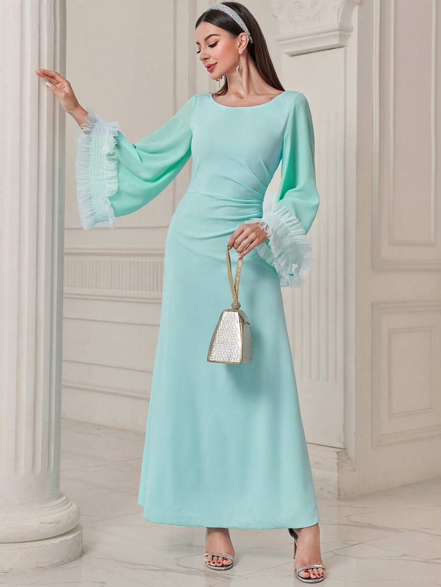 Modelyn Đầm Maxi Tay Lửng Lưới Tương Phản Có Eo Xếp Ly Cho Nữ - Màu xanh nhạt - Xem 1