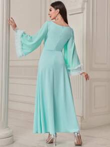 Modelyn Đầm Maxi Tay Lửng Lưới Tương Phản Có Eo Xếp Ly Cho Nữ - Màu xanh nhạt - Xem 2