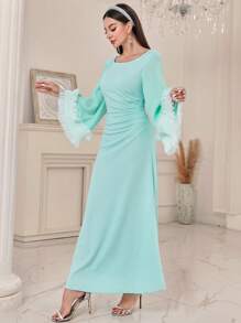 Modelyn Đầm Maxi Tay Lửng Lưới Tương Phản Có Eo Xếp Ly Cho Nữ - Màu xanh nhạt - Xem 5