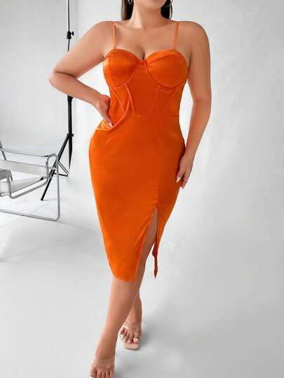 SHEIN LUNE 大碼高衩緊身上衣緞面吊帶連衣裙