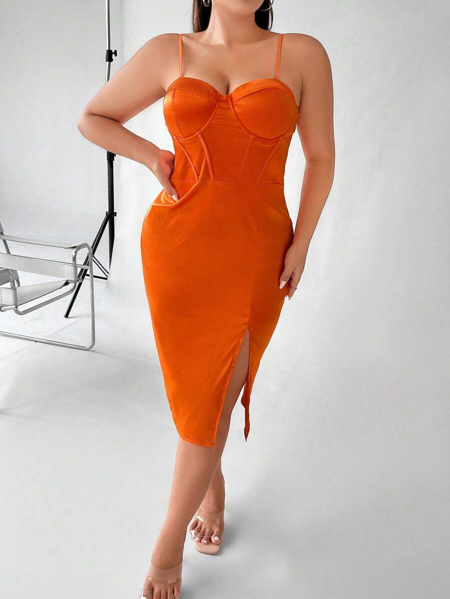 SHEIN LUNE 大碼高衩緊身上衣緞面吊帶連衣裙 - 亮橙色 - 查看 1
