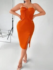 SHEIN LUNE 大碼高衩緊身上衣緞面吊帶連衣裙 - 亮橙色 - 查看 3
