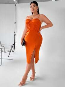 SHEIN LUNE 大碼高衩緊身上衣緞面吊帶連衣裙 - 亮橙色 - 查看 4