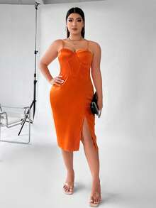 SHEIN LUNE 大碼高衩緊身上衣緞面吊帶連衣裙 - 亮橙色 - 查看 5