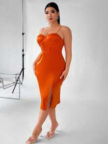 SHEIN LUNE 大碼高衩緊身上衣緞面吊帶連衣裙 - 亮橙色 - 查看 6