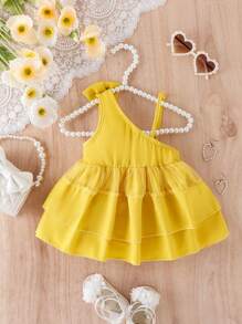 女嬰前蝴蝶結不對稱領層疊下擺連衣裙 - 黃色 - 查看 2