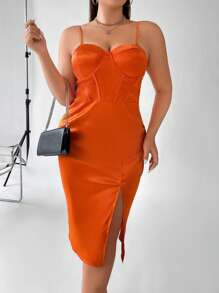 SHEIN LUNE 大碼高衩緊身上衣緞面吊帶連衣裙 - 亮橙色 - 查看 8