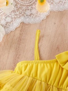 女嬰前蝴蝶結不對稱領層疊下擺連衣裙 - 黃色 - 查看 4