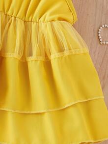 女嬰前蝴蝶結不對稱領層疊下擺連衣裙 - 黃色 - 查看 5
