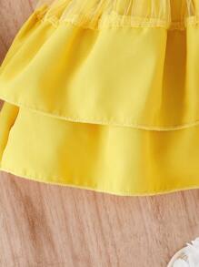 女嬰前蝴蝶結不對稱領層疊下擺連衣裙 - 黃色 - 查看 6