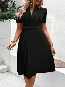 SHEIN Clasi Plus Shawl Collar Pleated Panel Belted Dress - Black - View 1