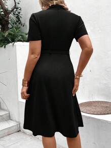 SHEIN Clasi Plus Shawl Collar Pleated Panel Belted Dress - Black - View 2