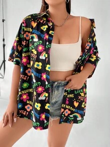 Breezaya Áo sơ mi Plus Size Nút phía trước Hoa Lá thư Boho - Nhiều màu - Xem 4
