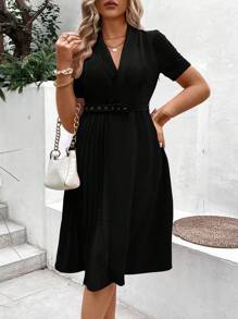 SHEIN Clasi Plus Shawl Collar Pleated Panel Belted Dress - Black - View 5