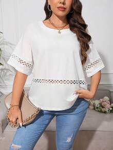 SHEIN Privé Plus Hollow Out Raglan Sleeve Tee - White - View 2