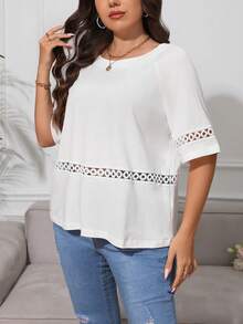 SHEIN Privé Plus Hollow Out Raglan Sleeve Tee - White - View 4