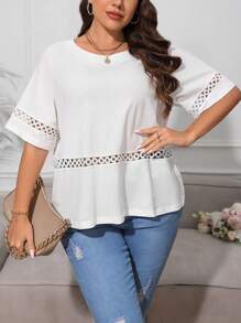 SHEIN Privé Plus Hollow Out Raglan Sleeve Tee - White - View 1