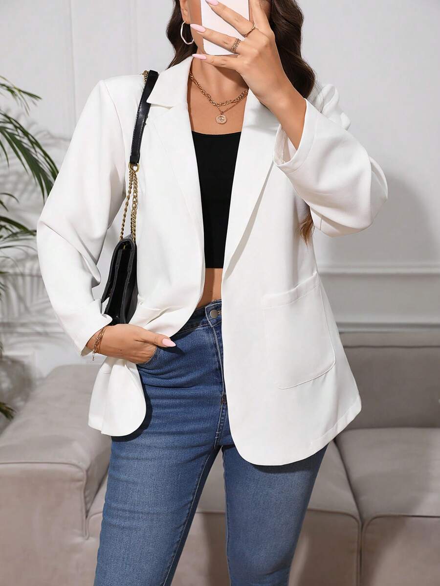 SHEIN Essnce 大碼西裝領口袋貼布開門襟西裝外套 - 白色 - 查看 1