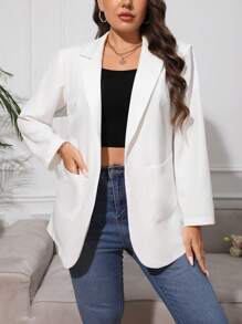 SHEIN Essnce 大碼西裝領口袋貼布開門襟西裝外套 - 白色 - 查看 3