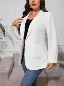 SHEIN Essnce 大碼西裝領口袋貼布開門襟西裝外套 - 白色 - 查看 6