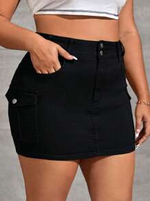 Plus Flap Pocket Side Denim Skirt - Black - View 1