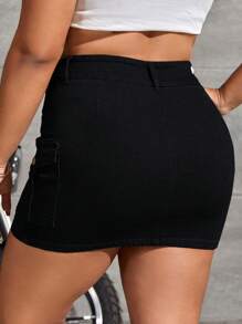 Plus Flap Pocket Side Denim Skirt - Black - View 2