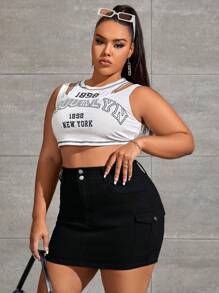 Plus Flap Pocket Side Denim Skirt - Black - View 3