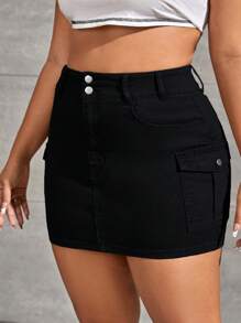 Plus Flap Pocket Side Denim Skirt - Black - View 4