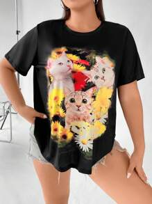 SHEIN Qutie 大碼花和貓印花T恤 - 黑色 - 查看 1