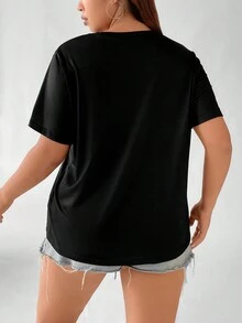 SHEIN Qutie 大碼花和貓印花T恤 - 黑色 - 查看 2