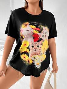 SHEIN Qutie 大碼花和貓印花T恤 - 黑色 - 查看 4