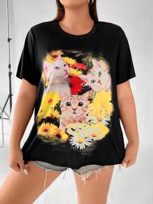 SHEIN Qutie 大碼花和貓印花T恤 - 黑色 - 查看 5