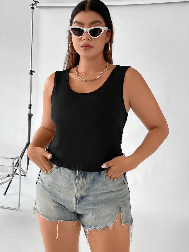 Flirla Plus Lace Up Side Tank Top - Black - View 3