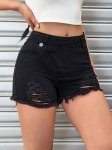 Ripped Raw Hem Denim Shorts - Black - View 3