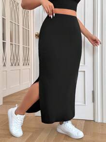 SHEIN EZwear Faldas de verano de talla grande con abertura en el bajo y diseño de color sólido